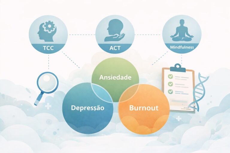 Entenda como TCC, ACT e mindfulness se integram no tratamento da ansiedade, depressão e burnout com base em evidências clínicas.