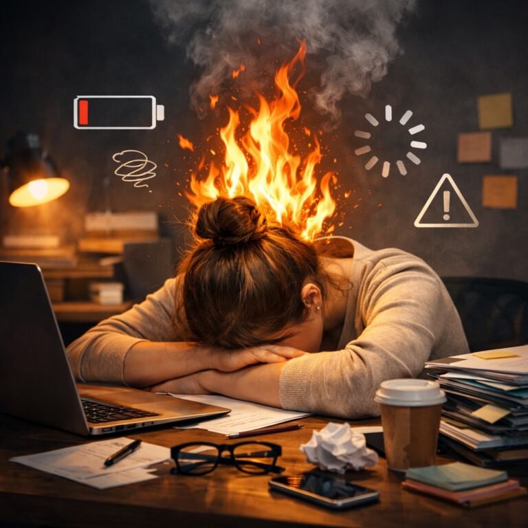 pessoa com burnout sentada à mesa, exausta, representando esgotamento ocupacional